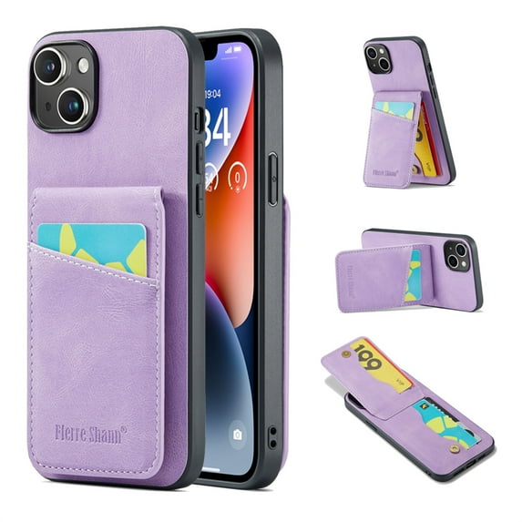 Case Compatible with iPhone 15 Plus with PU Leather Back + TPU Frame, Card Slot with RFID Blocking Kickstand Classic Slim Fit Phone Cover Designed for iPhone 15 Plus - Purple