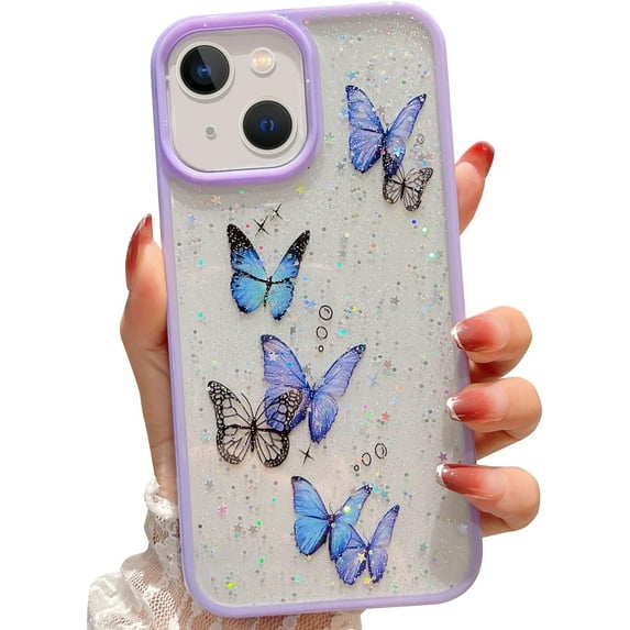 Case Compatible with iPhone 15 Plus/iPhone 14 Plus Cute iPhone 15 Plus for Women Glitter Butterfly Girls Phone Cases Soft TPU Clear Sparkle Trendy Shockproof Bumper Cover 5G 6.7 Inch (Purple)