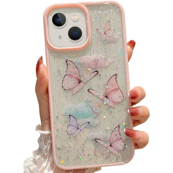 Case Compatible with iPhone 15 Plus/iPhone 14 Plus Cute iPhone 15 Plus for Women Glitter Butterfly Girls Phone Cases Soft TPU Clear Sparkle Trendy Shockproof Bumper Cover 5G 6.7 Inch (Pink)