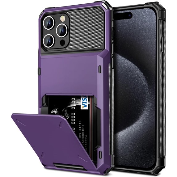 Case Compatible with iPhone 15 Pro with Card Holder 4-Card Dual Layer Heavy Duty Shockproof Wallet Case Hidden Flip Card Slot Protective Hard Back Cover Case for iPhone 15 Pro 6.1'' GreyPurple