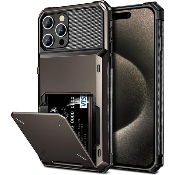 Case Compatible with iPhone 15 Pro with Card Holder 4-Card Dual Layer Heavy Duty Shockproof Wallet Case Hidden Flip Card Slot Protective Hard Back Cover Case for iPhone 15 Pro 6.1'' Gun Color