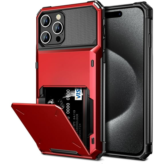 Case Compatible with iPhone 15 Pro Max with Card Holder 4-Card Dual Layer Heavy Duty Shockproof Wallet Case Hidden Flip Card Slot Protective Hard Back Cover for iPhone 15 Pro Max 6.7'' Red