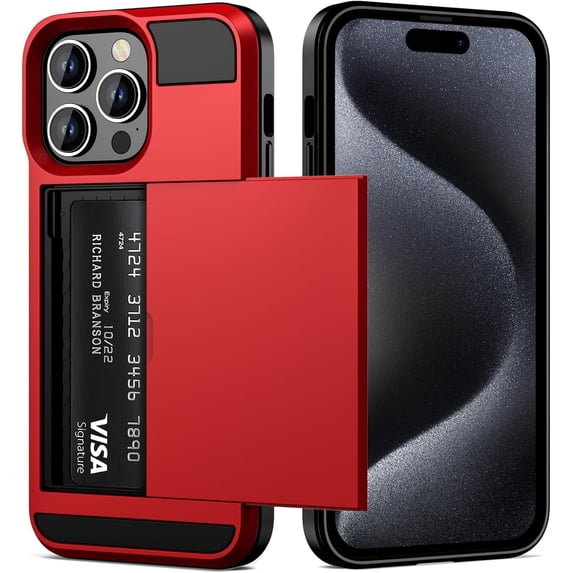 Case Compatible with iPhone 15 Pro Max with Card Holder Dual Layer Shockproof Wallet Case Hidden Card Slot Sliding Protective Hard Back Cover Slim Case for iPhone 15 Pro Max 6.7'' Red