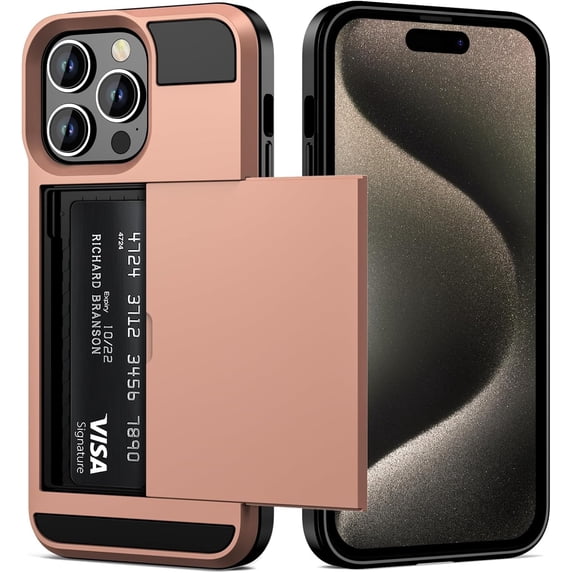 Case Compatible with iPhone 15 Pro Max with Card Holder Dual Layer Shockproof Wallet Phone Case Hidden Card Slot Sliding Protective Hard Back Slim Case for iPhone 15 Pro Max 6.7'' Rose Gold