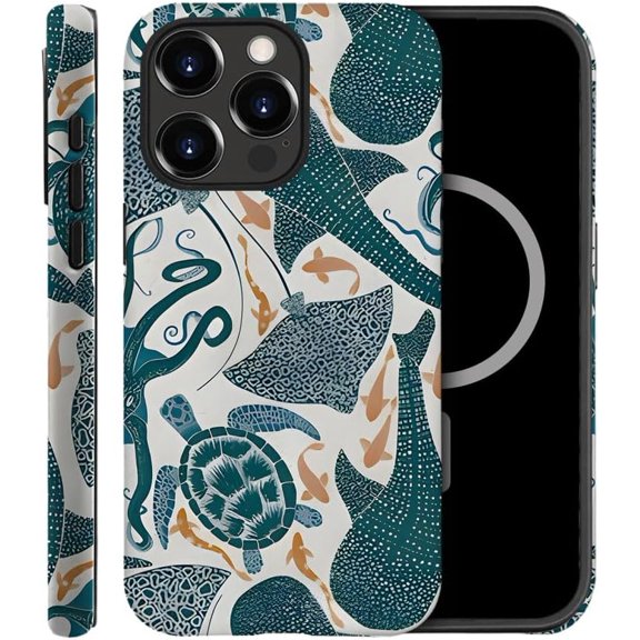 Case Compatible with iPhone 15 Pro Max, Compatible with MagSafe, Fall Prevention Hybrid 2-Layer Hard Shell Cases for Girls Boys, Turtle Whale Octopus Sharks Marine