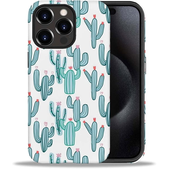 Case Compatible with iPhone 15 Pro Max, Green Cactus Print.png Girl Hybrid 2-Layer Hard Shell + Silicone Protective Case -Scratch-Resistant Shockproof for iPhone 15 Pro Max