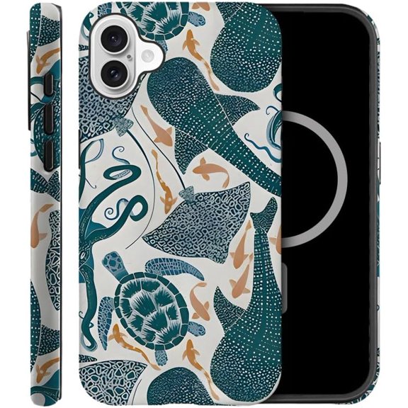 Case Compatible with iPhone 16, Compatible with MagSafe, Fall Prevention Hybrid 2-Layer Hard Shell Cases for Girls Boys, Turtle Whale Octopus Sharks Marine