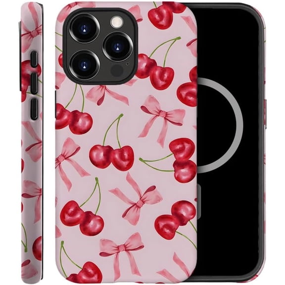 Case Compatible with iPhone 16 Pro, Compatible with MagSafe, Fall Prevention Hybrid 2-Layer Hard Shell Cases for Girls Boys, Pink Bow Cherry Ribbon Fruit