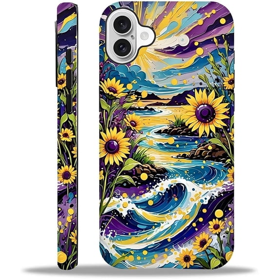 Case Compatible with iPhone 16, Watercolor Sky Sunflowers and Waves Phone case, Hybrid Double-Layer Protection for Women Girls, Shockproof Fingerprint Resistant Design