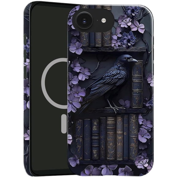 Case Compatible with iPhone 16e, Compatible with MagSafe, Glossy Fall Prevention Hybrid 2-Layer Hard Shell Cases for Girls Boys, Purple Floral Crow Bookshelf