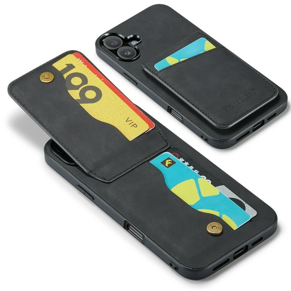 Case Compatible with iPhone 17 with PU Leather Back + TPU Frame, Card Slot with RFID Blocking Kickstand Classic Slim Fit Phone Cover Designed for iPhone 17 - Black