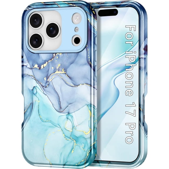 Case Compatible with iPhone 17 Pro Case 6.3 Inch 2025, Marble Pattern 3 in 1 Heavy Duty Shockproof Full Body Rugged Hard PC+Soft Silicone Drop Protective Women Girl Phone Cases, Blue Cyan