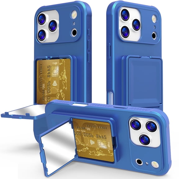 Case Compatible with iPhone 17 Pro Max, Wallet Case with Credit Card Holder & Hidden Mank-up Mirror, Hybrid Shockproof Heavy Duty Protection Lightweight Kickstand Cover Women Girls, Blue