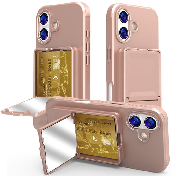 Case Compatible with iPhone 17, Wallet Case with Credit Card Holder & Hidden Mank-up Mirror, Hybrid Shockproof Heavy Duty Protection Lightweight Kickstand Cover Women Girls, Rosegold
