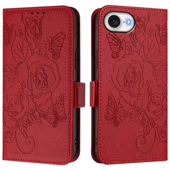 Case Compatible for iPhone SE4,PU Leather Phone Case Kickstand Blocking Flip Case Card Slots Wrist Strap Relief Engraved Pattern Magnetic Closure Folio Case-A02