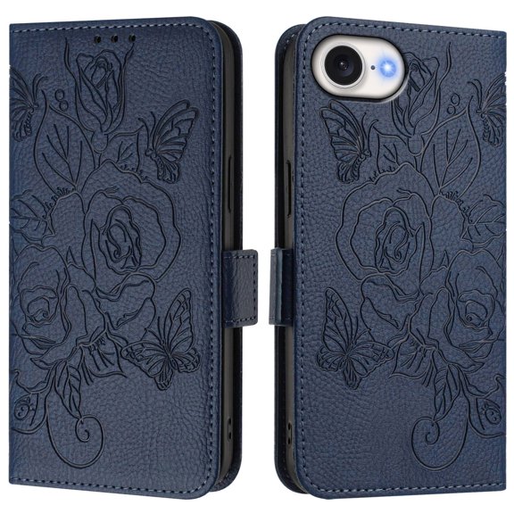Case Compatible for iPhone SE4,PU Leather Phone Case Kickstand Blocking Flip Case Card Slots Wrist Strap Relief Engraved Pattern Magnetic Closure Folio Case-A05