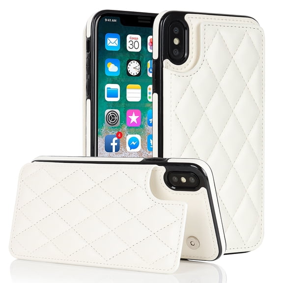 Case Compatible with iPhone X/XS, Stylish Card Slots Kickstand PU Leather Back Case Magnetic Closure RFID Blocking Drop Protective Shockproof Cover for iPhone X/XS, White