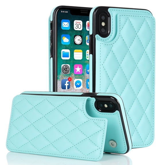 Case Compatible with iPhone X/XS, Stylish Card Slots Kickstand PU Leather Back Case Magnetic Closure RFID Blocking Drop Protective Shockproof Cover for iPhone X/XS, Mint