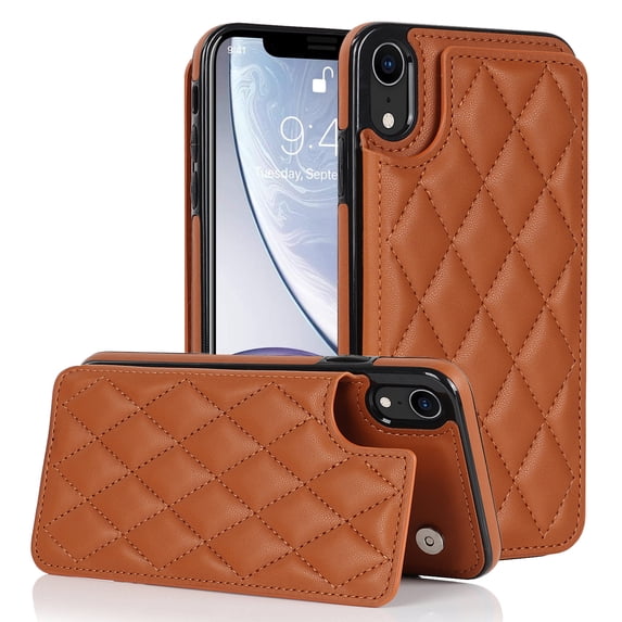 Case Compatible with iPhone XR, Stylish Card Slots Kickstand PU Leather Back Case Magnetic Closure RFID Blocking Drop Protective Shockproof Cover for iPhone XR, Brown