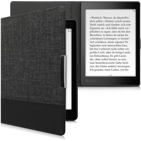 Case Compatible with Kobo Aura ONE - PU Leather and Canvas e-Reader Cover - Anthracite/Black