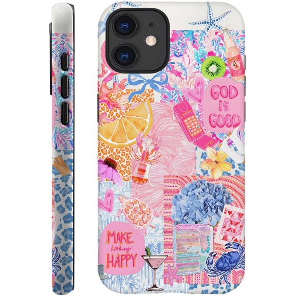 Case Compatible with iPhone 11, Fall Prevention Hybrid 2-Layer Hard Shell Phone Cover for Girls Boys, Fruit Blue Collage
