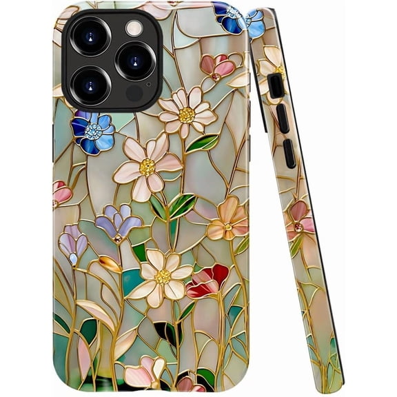 Case Compatible with iPhone 11 Pro, Fall Prevention Bright Hybrid 2-Layer Hard Shell Phone Case for Girls Boys, Stained Glass Bloom Flower