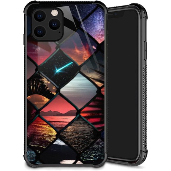 Case Compatible with iPhone 12/12 Pro,Pattern Plexiglass Cover for Boys Girls,Shockproof Anti-Scratch Drop Protection,Grid Sunset
