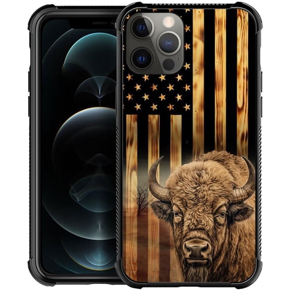 Case Compatible with iPhone 12, for Girl Women, Shockproof Anti-Scratch Cover, Wood Grain American Flag Cow
