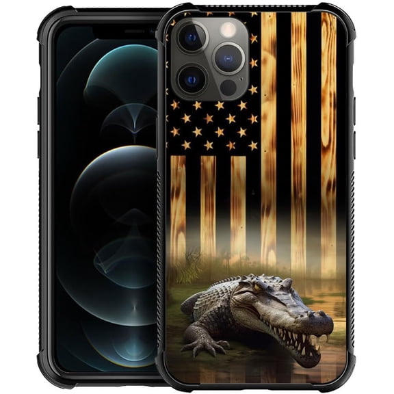 Case Compatible with iPhone 13 Pro Max, Cases for Women Girl, Shockproof Anti-Scratch Cover, Wood Grain American Flag Alligator
