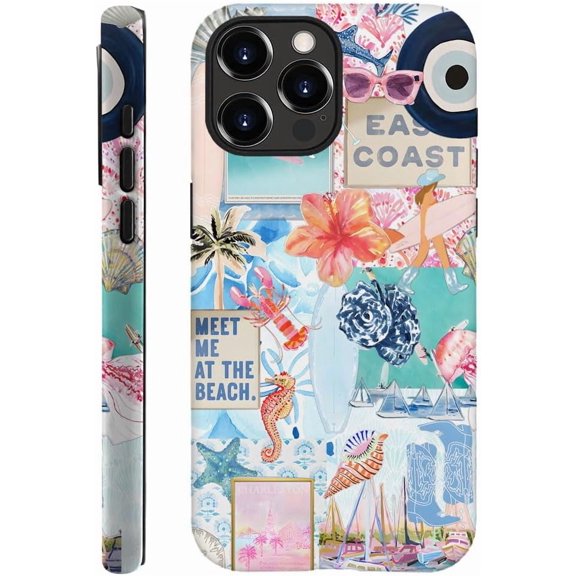 Case Compatible with iPhone 13 Pro Max, Fall Prevention Hybrid 2-Layer Hard Shell Phone Cover for Girls Boys, Beach Shark Collage