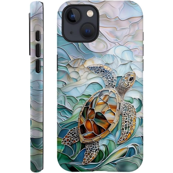 Case Compatible with iPhone 14, Fall Prevention Hybrid 2-Layer Hard Shell Phone Cover for Girls Boys, Oceans Turtle Sea