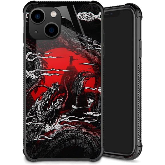 Case Compatible with iPhone 14,Pattern Plexiglass Cover for Boys Girls,Shockproof Anti-Scratch Drop Protection,Dragon