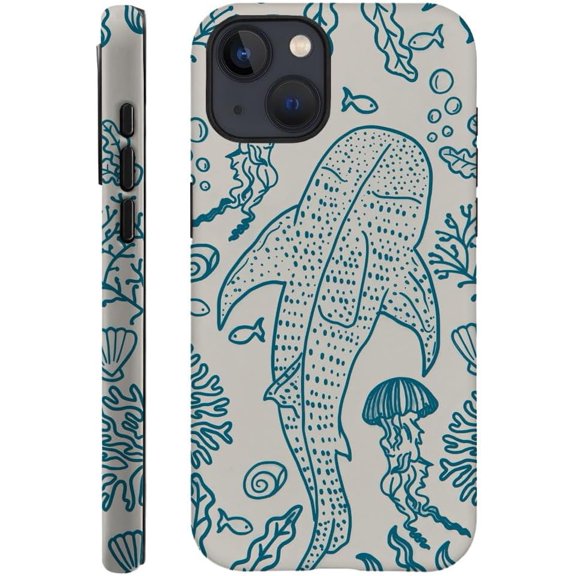 Case Compatible with iPhone 14 Plus, Fall Prevention Hybrid 2-Layer Hard Shell Phone Cover for Girls Boys, Oceans Whales Sharks