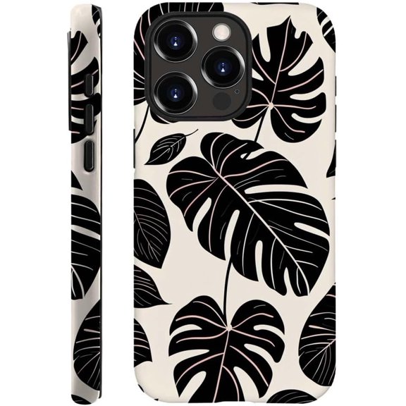Case Compatible with iPhone 15 Pro Max, Cases for Girls Women, Hybrid 2-Layer Hard Shell, Tropical Rainforest Black and White Montera Leaf