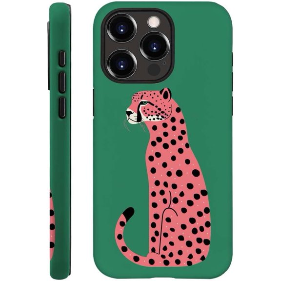 Case Compatible with iPhone 15 Pro Max, Fall Prevention Hybrid 2-Layer Hard Shell Cases for Girls Boys, Pink Leopard Tropical Pop Artwork