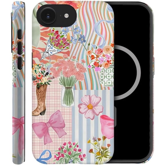 Case Compatible with iPhone 16e, Compatible with MagSafe, Fall Prevention Hybrid 2-Layer Hard Shell Cases for Girls Boys, Pink Bow Ribbon Collage