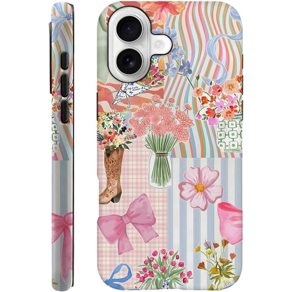 Case Compatible with iPhone 17, Fall Prevention Hybrid 2-Layer Hard Shell Phone Cover for Girls Boys, Pink Bow Ribbon Collage
