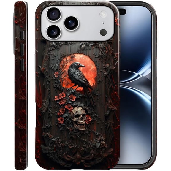 Case Compatible with iPhone 17 Pro Max,Scratch Resistant Hybrid 2-Layer Hard Shell Bright Phone Case,Raven Skull Gothic Dark