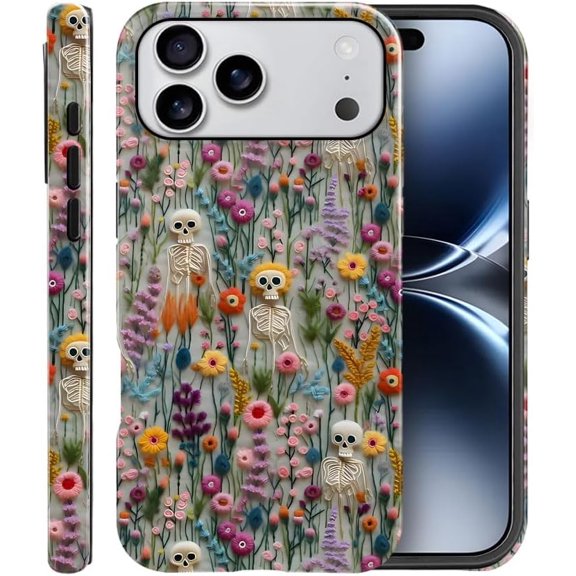 Case Compatible with iPhone 17 Pro Max,Scratch Resistant Hybrid 2-Layer Hard Shell Bright Phone Case,Skeletons in Bloom Floral Halloween