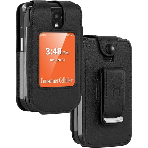 Case for Consumer Cellular Iris Easy Flip 2 Phone, Nakedcellphone Black Vegan Leather Form-Fit Cover (Built-In Screen Protection) and Metal Belt Clip for SpeakEasy SN331CC