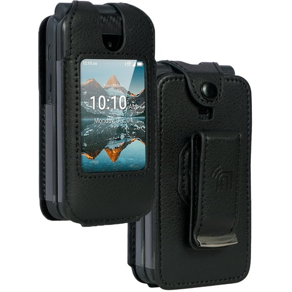 Case for Consumer Cellular Iris Easy Flip Phone / Boost Mobile Summit Flip 4G, Nakedcellphone [Black Vegan Leather] Form-Fit Cover [Built-In Screen Protection] and [Metal Belt Clip] for SL006D (2024)
