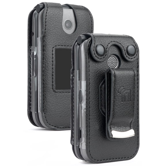 Case for Coolpad Belleza Flip Phone, Nakedcellphone [Black Vegan Leather] Form-Fit Cover with [Built-In Screen Protection] and [Metal Belt Clip] for CP3321AT