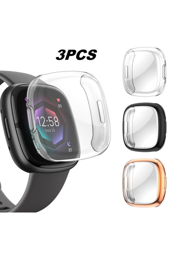 Case Cover Fit for Fitbit Versa 4, Sense 2, 3pcs Watch Screen Protector, Soft TPU All-Around Shockproof Full Protective Bumper, Smartwatch Protective Case Accessories for Men Women
