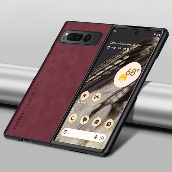 Case Designed for Google Pixel 9 Pro Fold / Fold 2, Slim Fit Classic PU Leather Shockproof Anti-Slip Lightweight Wireless Charging Vintage Phone Cover for Google Pixel 9 Pro Fold / Fold 2, Winered