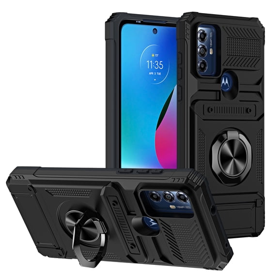 Case Designed for Motorola G Pure, Hybrid Back Case with Ring Stand & Hidden Card Slot & Support Magnetic Car Mount Shockproof Fall-Protection Slim Phone Cover, Black