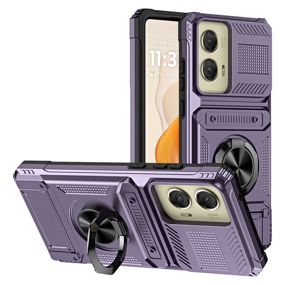 Case Designed for Motorola Moto G Play 4G 2024, Hybrid Back Case with Ring Stand & Hidden Card Slot & Support Magnetic Car Mount Shockproof Fall-Protection Slim Phone Cover, Violet
