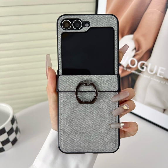 Case Designed for Motorola Razr 40 Ultra, Denim Texture PU Leather + PC Frame, Magnetic Wireless Charging Finger Ring Kickstand Anti-Scratch Drop Protective Shockproof Phone Cover - Gray