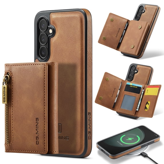 Case Designed for Samsung Galaxy S23 FE, Detachable Back Card Pockets, Magnetic Zipper PU Leather Kickstand Classic Rugged RFID Blocking Phone Case Cover for Samsung Galaxy S23 FE, Brown