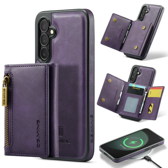 Case Designed for Samsung Galaxy S24 FE, Detachable Back Card Pockets, Magnetic Zipper PU Leather Kickstand Classic Rugged RFID Blocking Phone Case Cover for Samsung Galaxy S24 FE, Purple