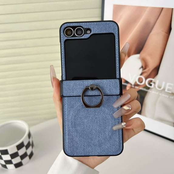 Case Designed for Samsung Galaxy Z Flip 7, Denim Texture PU Leather + PC Frame, Magnetic Wireless Charging Finger Ring Kickstand Anti-Scratch Drop Protective Shockproof Phone Cover - Blue